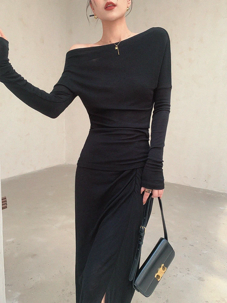 

Комплект из двух предметов JWUNIQUE: черный боди с длинным рукавом и юбка-миди с эффектом винтажной текстуры, модный ансамбль для женщин на весну-осень