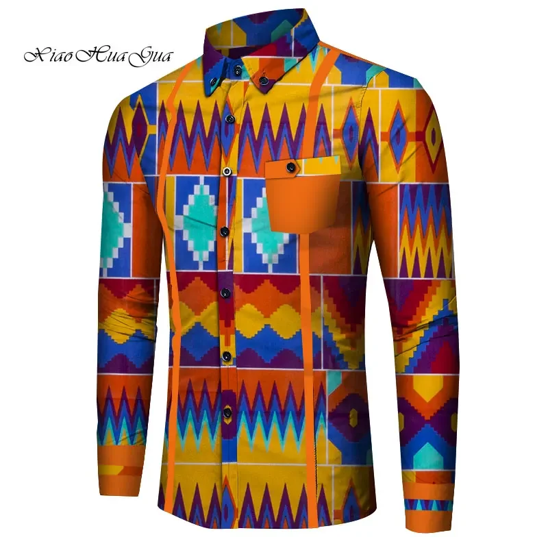 Men Long Sleeve Shirt Bazin Riche Traditional African Clothing Cotton Print Dashiki Tops African Clothes Causal Shirts WYN818