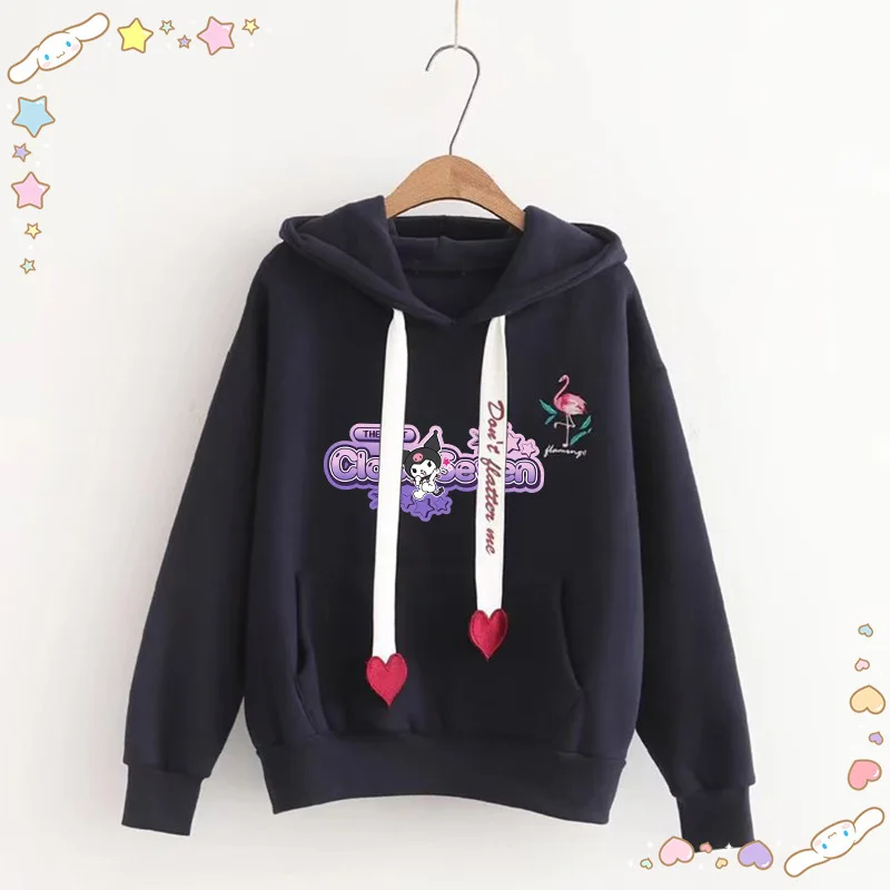 Sanrio Cute Cartoon Kuromi My Melody Cinnamoroll Women\'s New Hoodies Sweatshirts Velvet Thickened Loose Casual Tops Gift