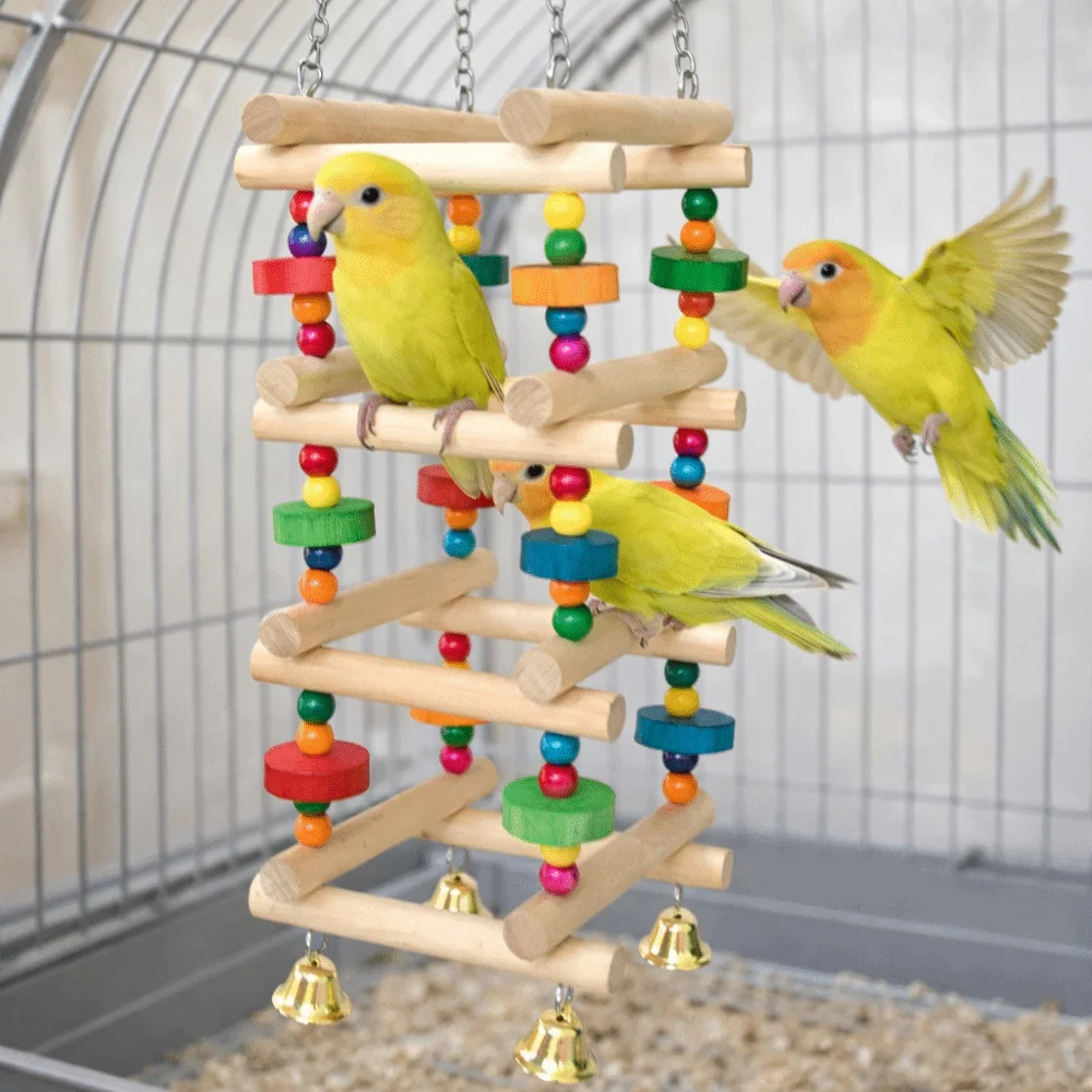

Colorful Wooden Parrot Chew Toys Hanging with Bells Parrot Swing Toy Multi Layer Bite Resistant Bird Cage Standing Bird Climbing