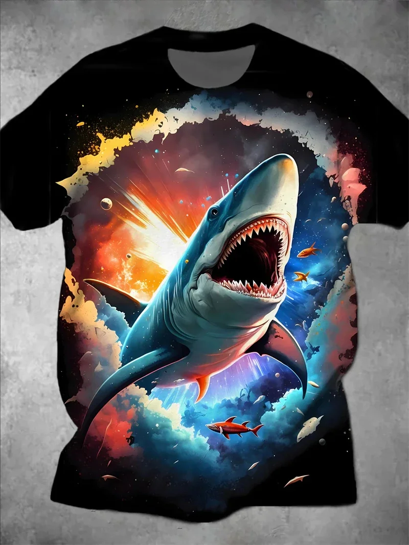 Herren 3D Weißer Hai Druck T-Shirt Kosmische Ozean-Fantasie Grafik-Tee Cooles Meereslebewesen Lässiges Oberteil Trendige Streetwear Männerkleidung