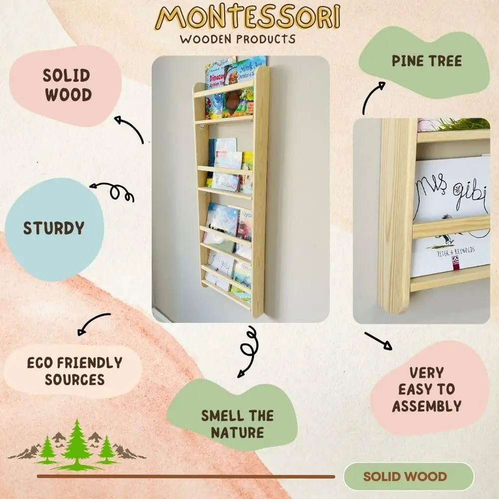 Scaffale per bambini Montessori da parete in legno massello fatto a mano, espositore per libri a 4 livelli per camera da letto dei bambini, mobili per la cameretta dei bambini