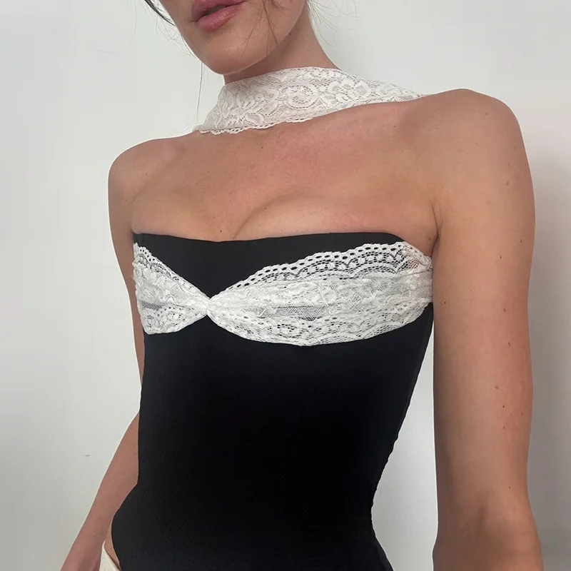Vintage Y2K Contrast Halter Neck Crop Top Summer Fashion White Floral Lace Collar Black Solid Slim Fit Strapless Tube Camisole