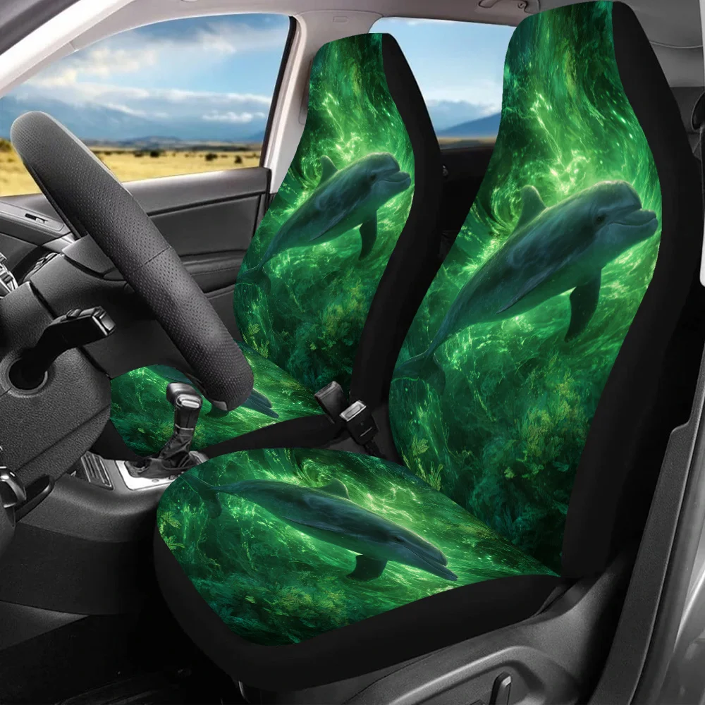 2pcs Dolphin In Green Depths Car Seat Covers - Vibrant Oceanic Design, Fit For Cars, SUVs, Sedans - Durable Polyester, Hand Wash