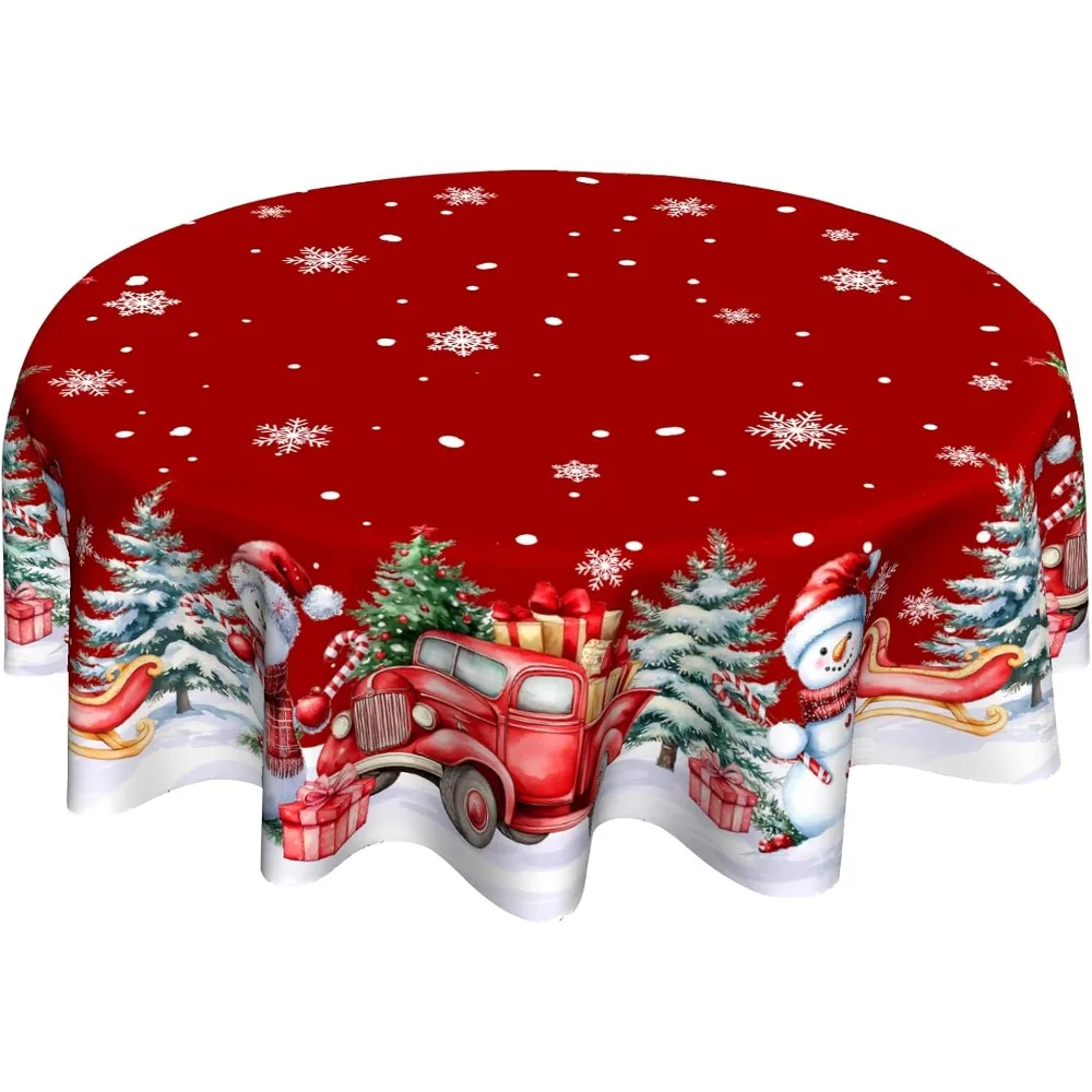 Christmas Snowman Round Table Cloths 60 Inch Winter Red Truck Circular Tablecloth Tree Snowflake Circle Table Cloth
