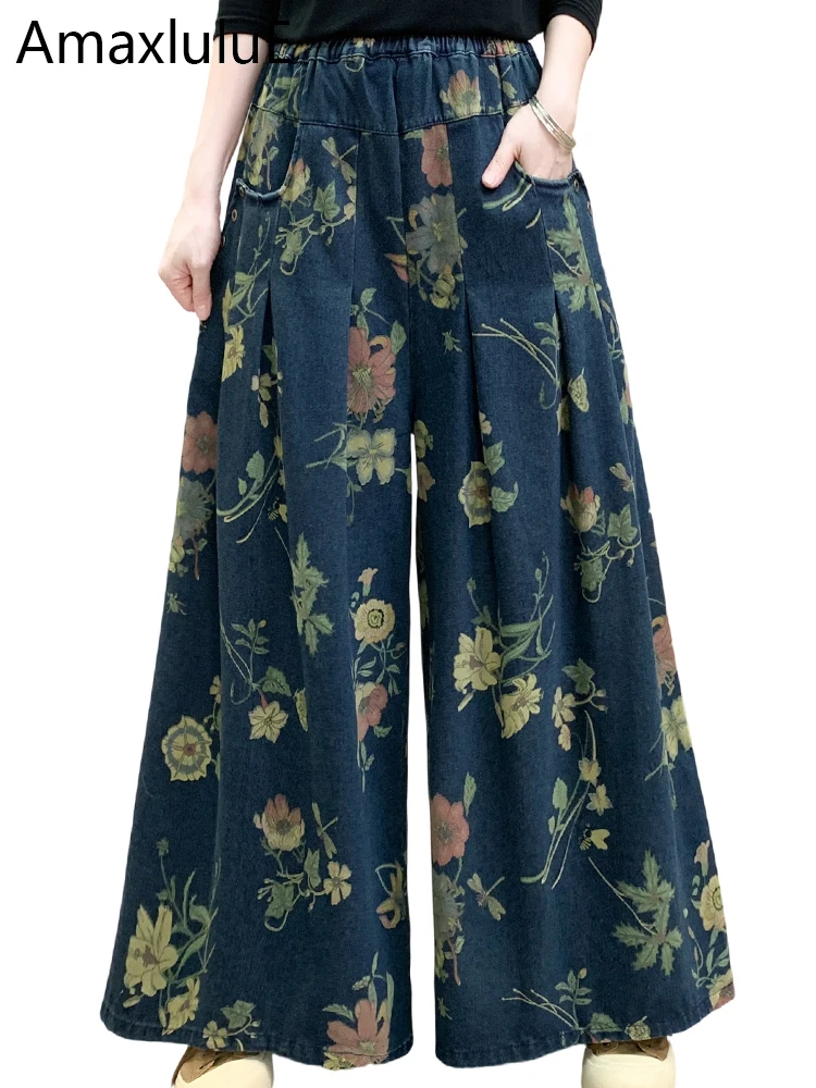 

Amax LuluE 2025 Fall Womens Floral Denim Wide Leg Pants Loose Printed Fashion Jeans Ladies Casual Vintage Elastic Waist Trousers