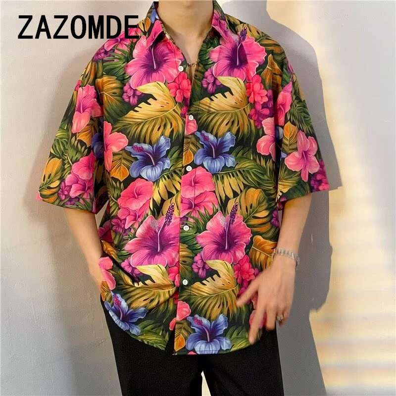 ZAZOMDE Camisa estampada de manga corta para hombres, Tops de pareja con personalidad de playa, camisas casuales sueltas Retro de hip hop, ropa Hawaiana de verano