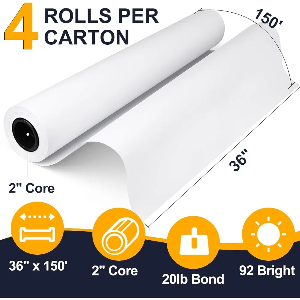 Papel CAD Bond de gran formato: 4 rollos, 36 x 150 pies, 20 lb, 2 núcleos para impresión de plotter de inyección de tinta