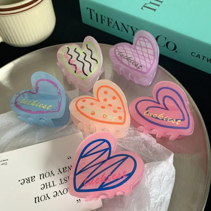 

Big Sale Colorful Heart Hair Claw Clip Acrylic Love Heart Shark Clip Korean Summer Sweet Girl Hair Accessories for Woman