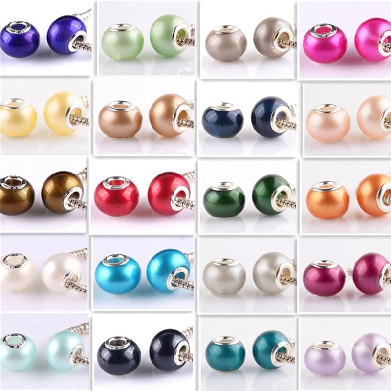 10Pcs/Lot Assorted Color 15mm Round Pearl 5mm Big Hole Painting Glass European Charms Beads Rondelle Slide Charms for Bracelet
