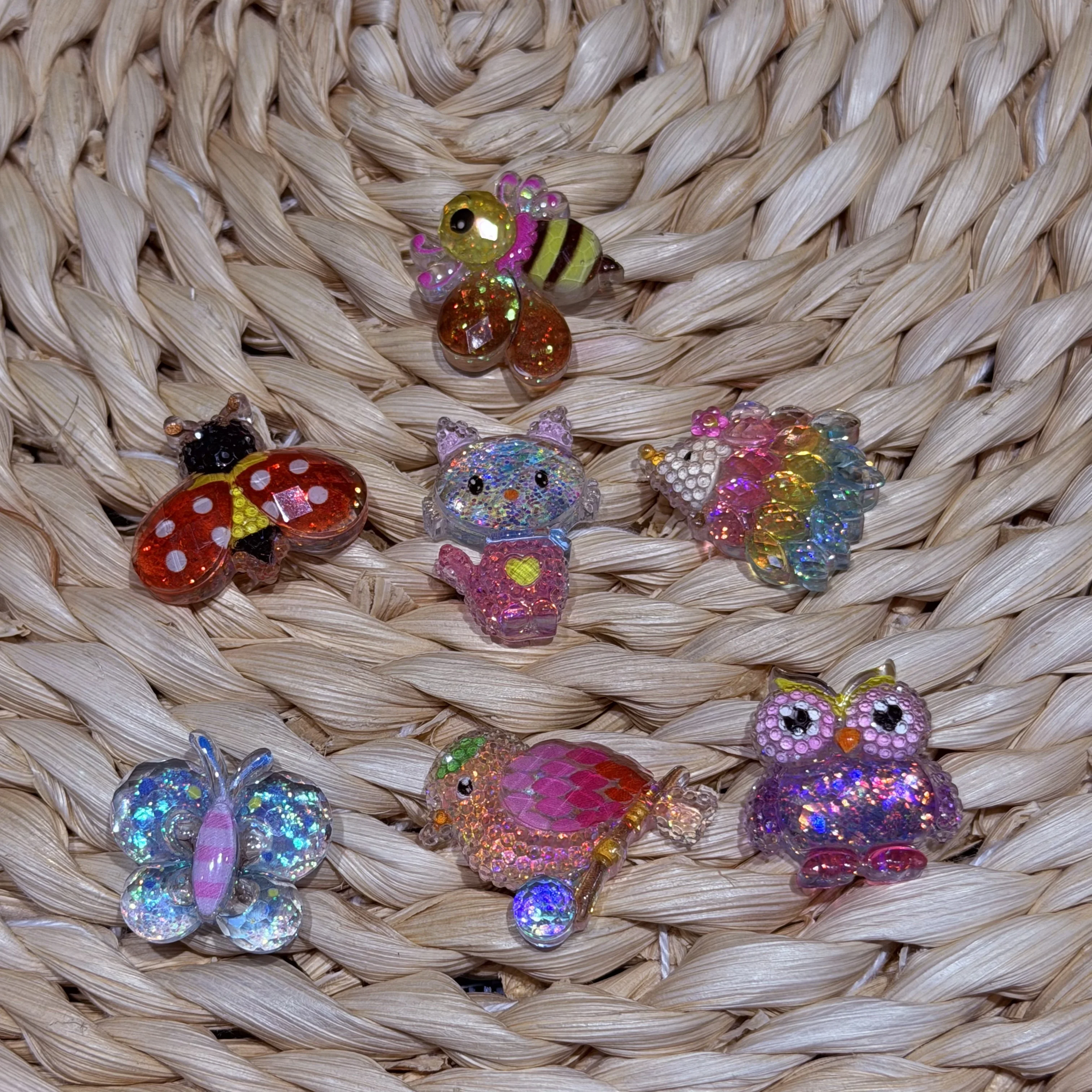 7PCS Sequins Cartoon Animal Owl Cat Butterfly Resin Shoe Charms Buckle Clog Garden Shoes Decorations Hole Slipper Accessories