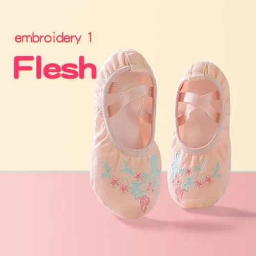 Zapatillas de ballet bordadas, zapatos de ballet de baile con suela dividida, linda flor de lona para niña