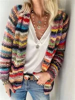 Women Cardigan Sweater Colorful Striped Knitted Coats Long Sleeve Knitwear Jackets Fall Winter Casual