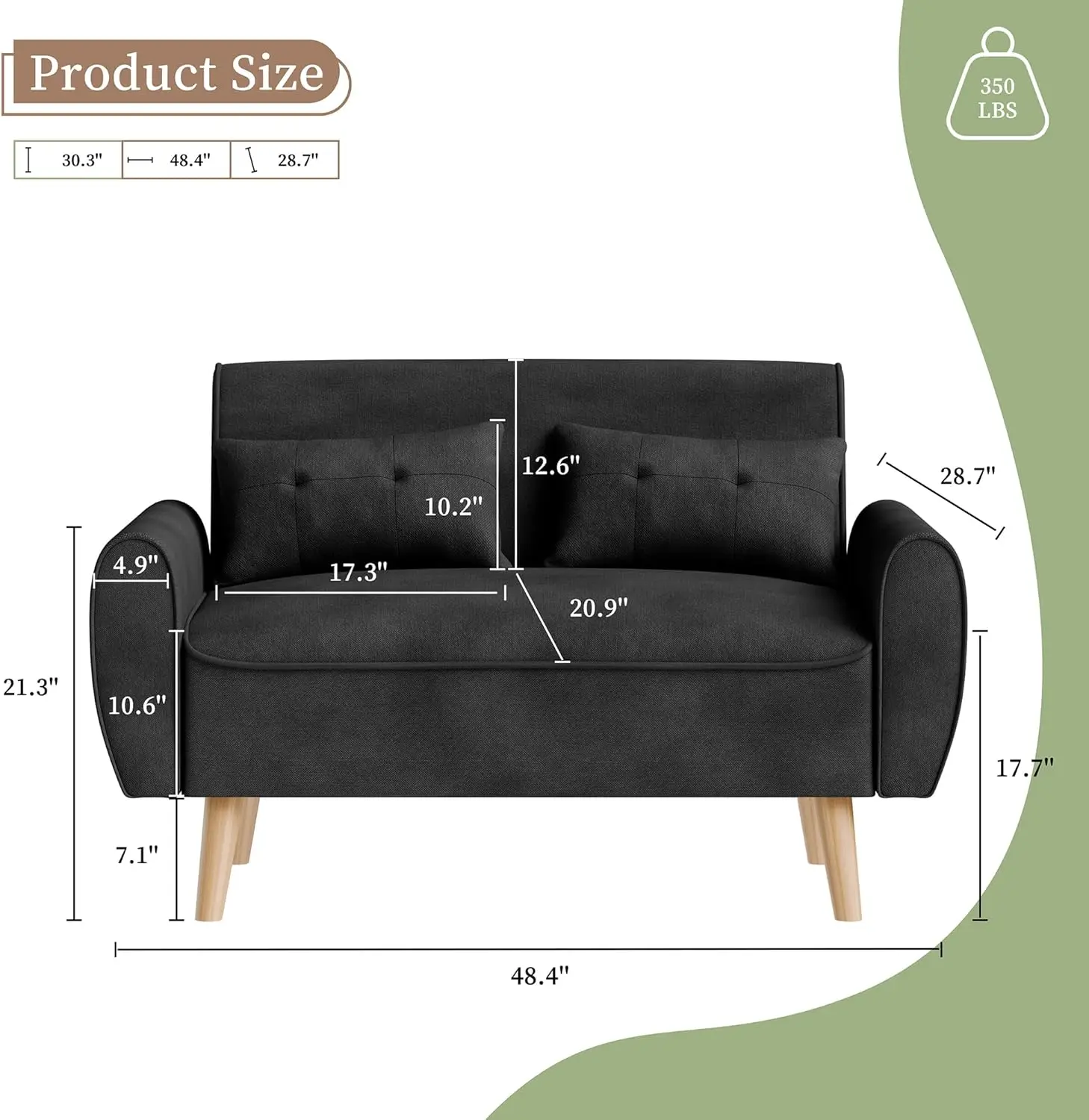 Modern Loveseat Sofa, Mid Century Linen Fabric 2-Seat Sofa Couch Tufted Love Seat with Back Cushions and Tapered Wood Legs for L