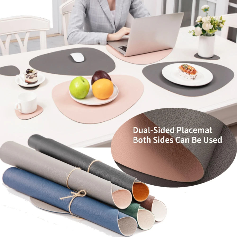 حصائر طاولة من جلد البولي يوريثان مع قواعد أكواب مقاومة للماء على الوجهين ومقاومة للحرارة وقابلة للغسل ومضادة للانزلاق لحفلات المطبخ والمطعم