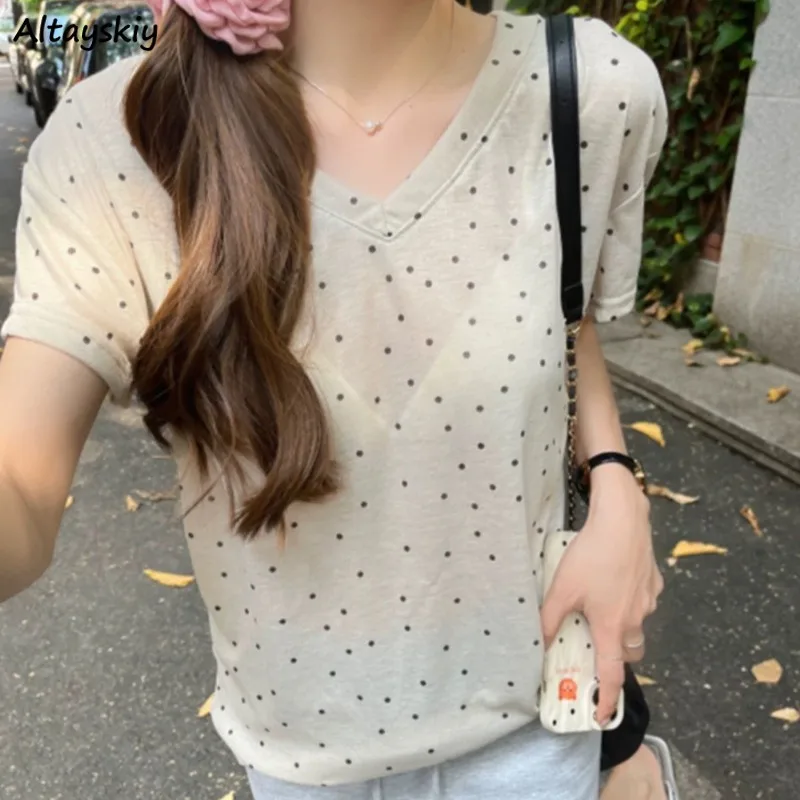 Dot T-shirts for Women V-neck Thin Niche Summer Tees All-match College Ins Young Soft Korean Style Simple Leisure Short Sleeve