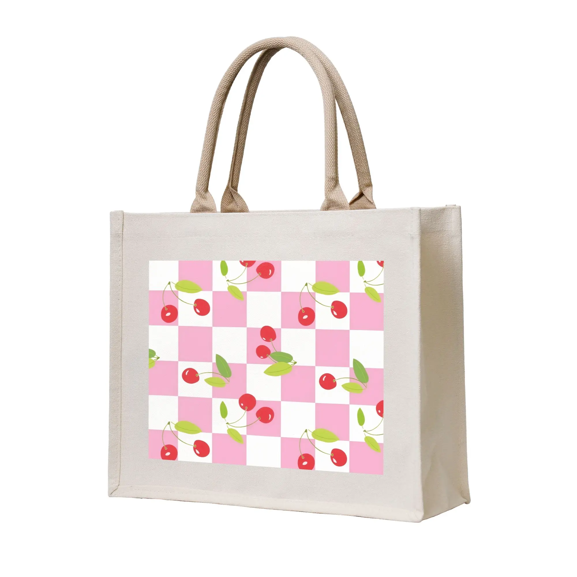 Kawaii Print Cherry Pink Chess Tote Shopping Bags Portable Shopper Shoulder  Handbag