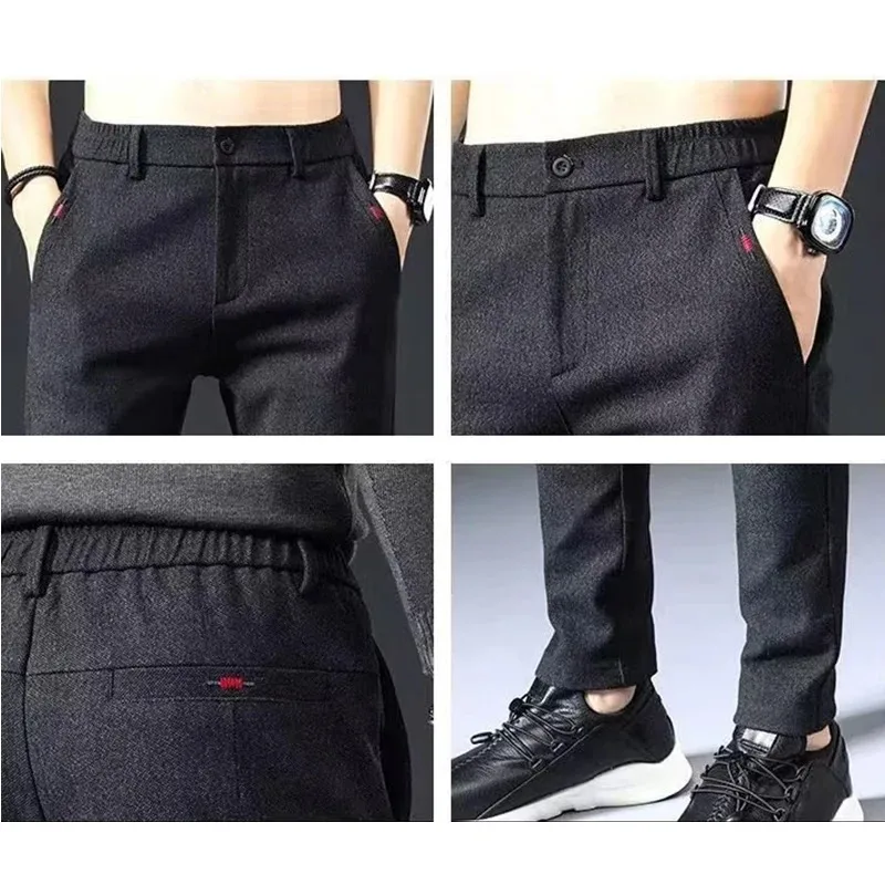 Spring Autumn Men\'s Casual Pants Business Fashion Elastic Waist Slim Fit Stretch Thick Gray Black Cotton Trousers Male