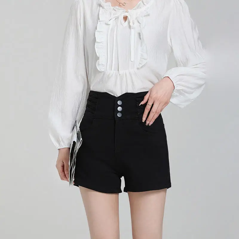 High Waist A-Line Shorts Women's Summer Thin Denim Button up Slimming Hot Fit Bottoms High Waist Design Sensation