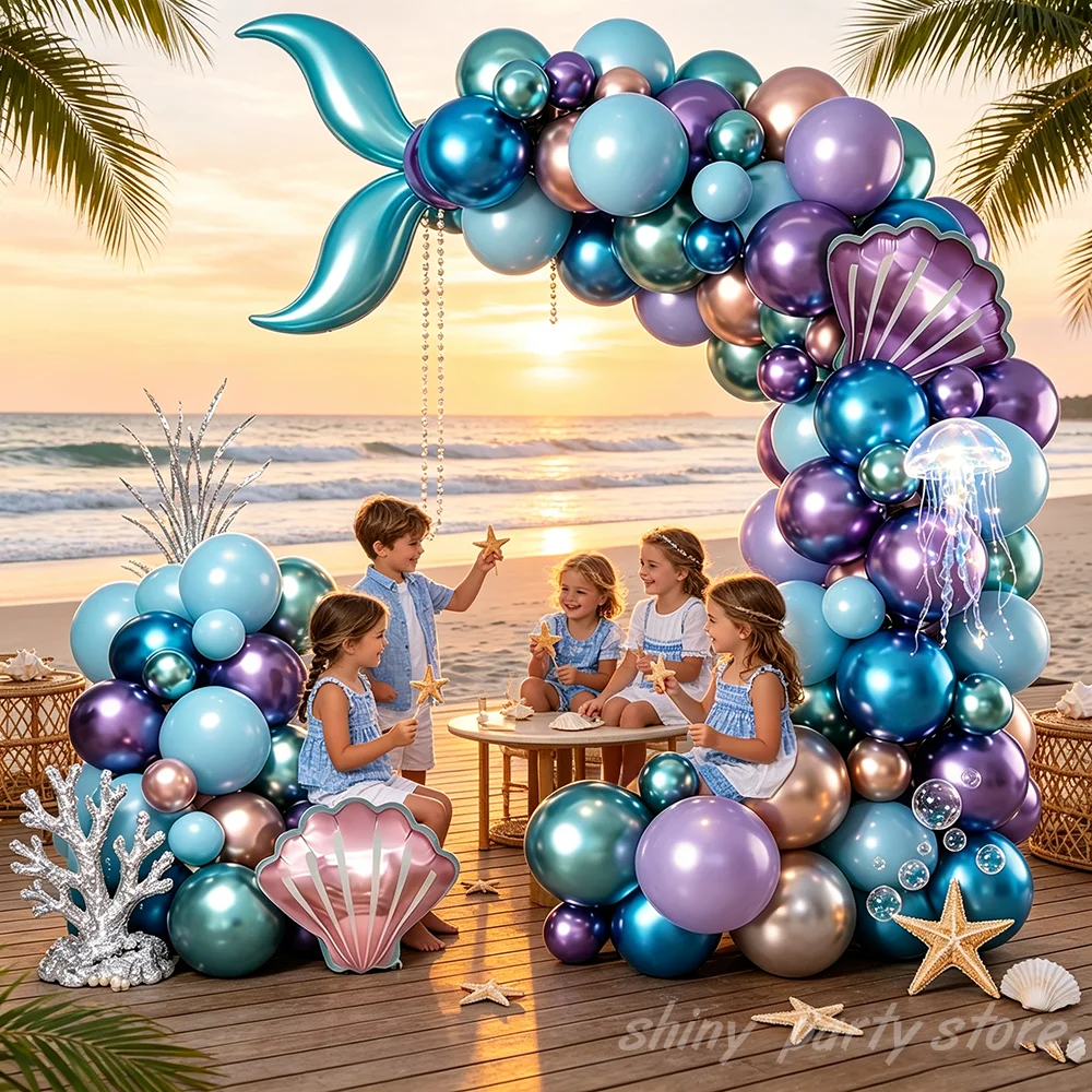 NEW Luxury Mermaid Balloon Garland Arch Kit Metal Blue Purple Mermaid Tail Shell Foil Balloons Birthday Baby Shower Party Decor