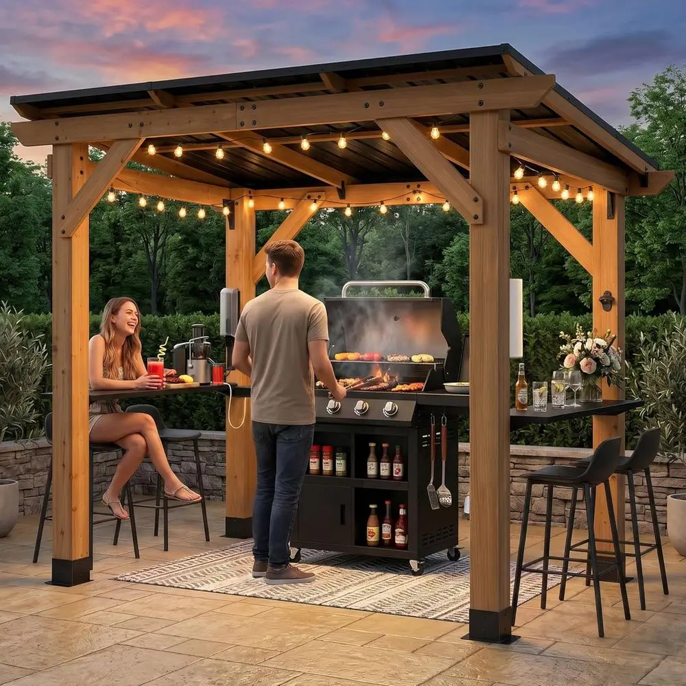 8x6 Wooden Grill Gazebo with Power Outlets, Sloping Hardtop BBQ Pavilion, Dual Shelves, Paper Towel Holder, and Bottle Opener fo