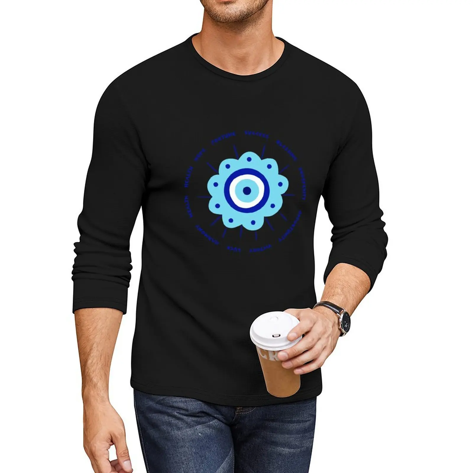 

Greek Eye flower amulet with positive message. Long T-Shirt oversized t shirt customized t shirts mens t shirts pack