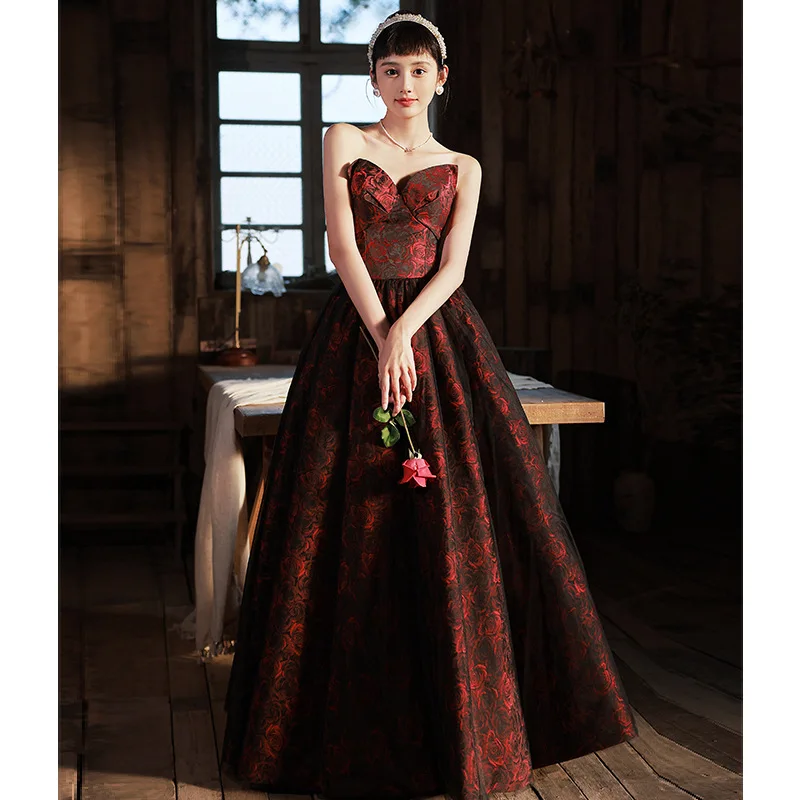 Burgundy Tube Top Long A-line Evening Dresses Women Rose Print Floor Length Formal Party Dresses Toast Clothing