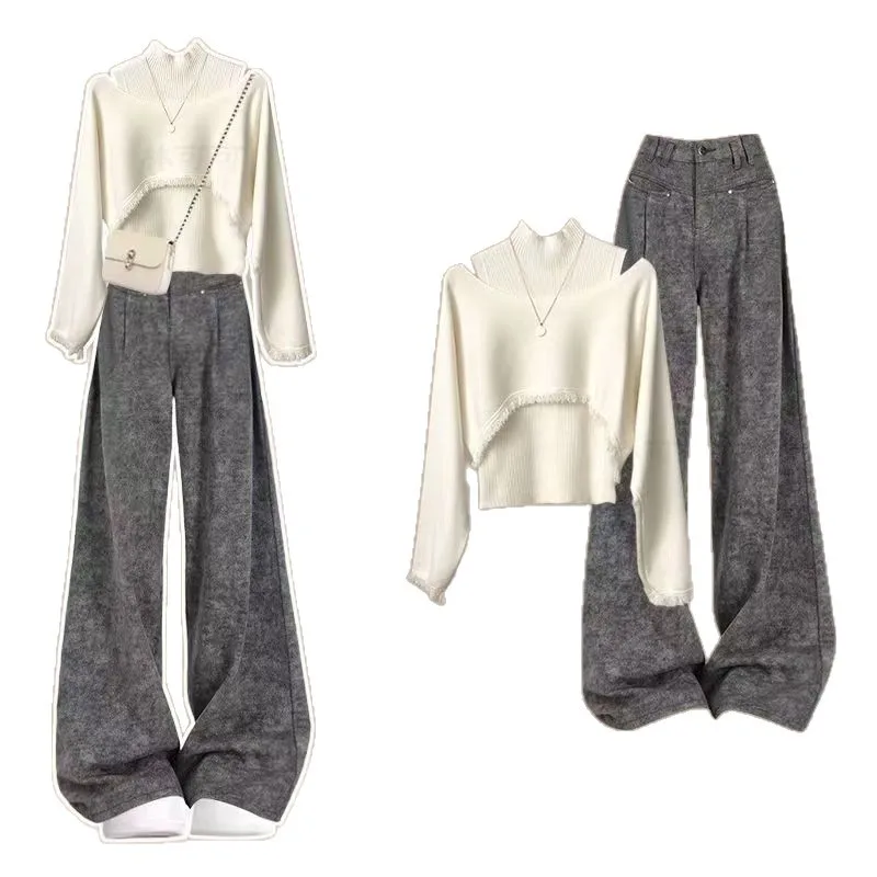 Temperament Women's Set Spring and Autumn Korean Edition Knitted Shirt Top Fashion Vest Casual Pants 3-Piece Set