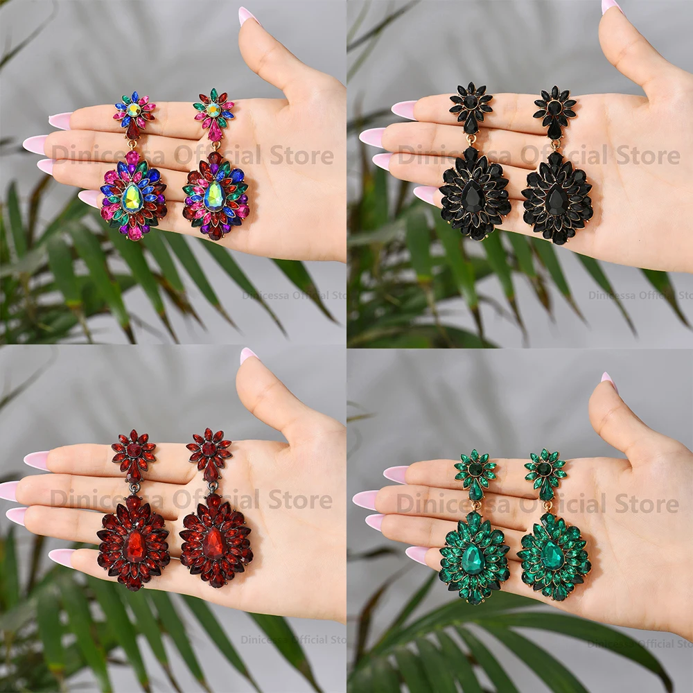 Charm Sweet Ethnic Style Flower Long Dangle Earrings Luxury Vintage Double Crystal Decorations Pendientes Aesthetic Accessories