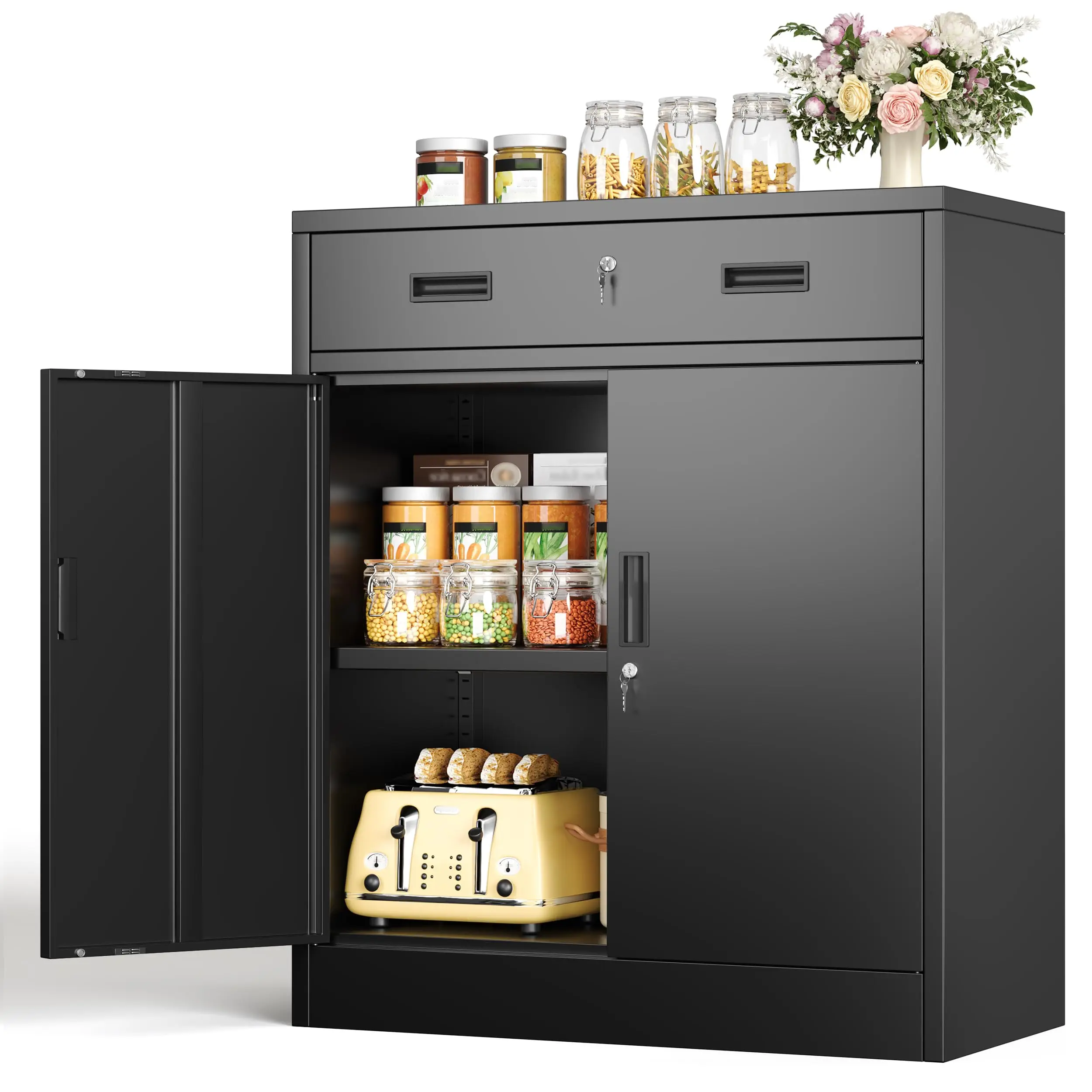 Pantry Cabinet with 1 Drawer, Metal Pantry Storage Cabinets with Doors and 2 Adjustable Shelves, 36