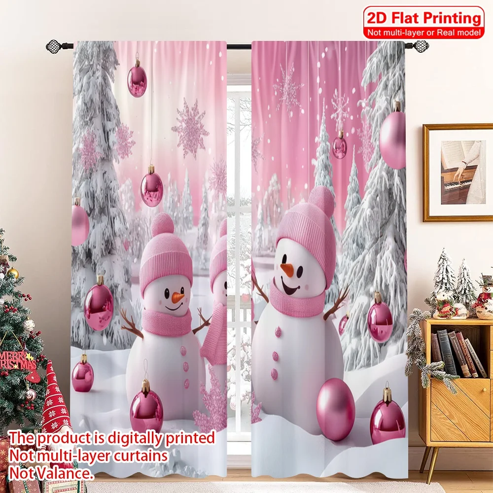 

2D flat printing 2pcs Christmas Scene Curtain Pink and White Winter 100% Polyester Without Electricity Festive Wall Decor