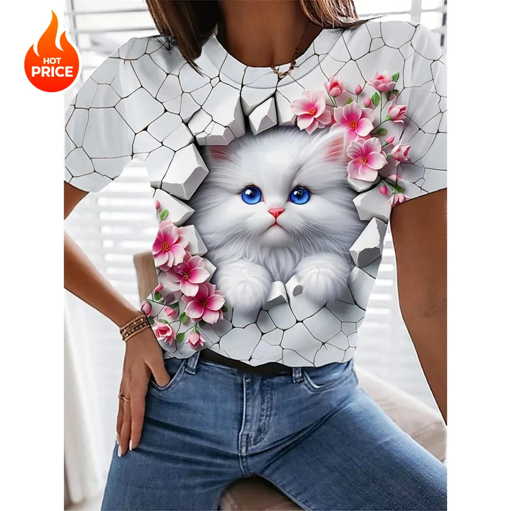 T-shirt manches courtes col rond femme, imprimé chat Kawaii en 3D, graphique Floral, décontracté, Y2K, jolis vêtements pour femmes