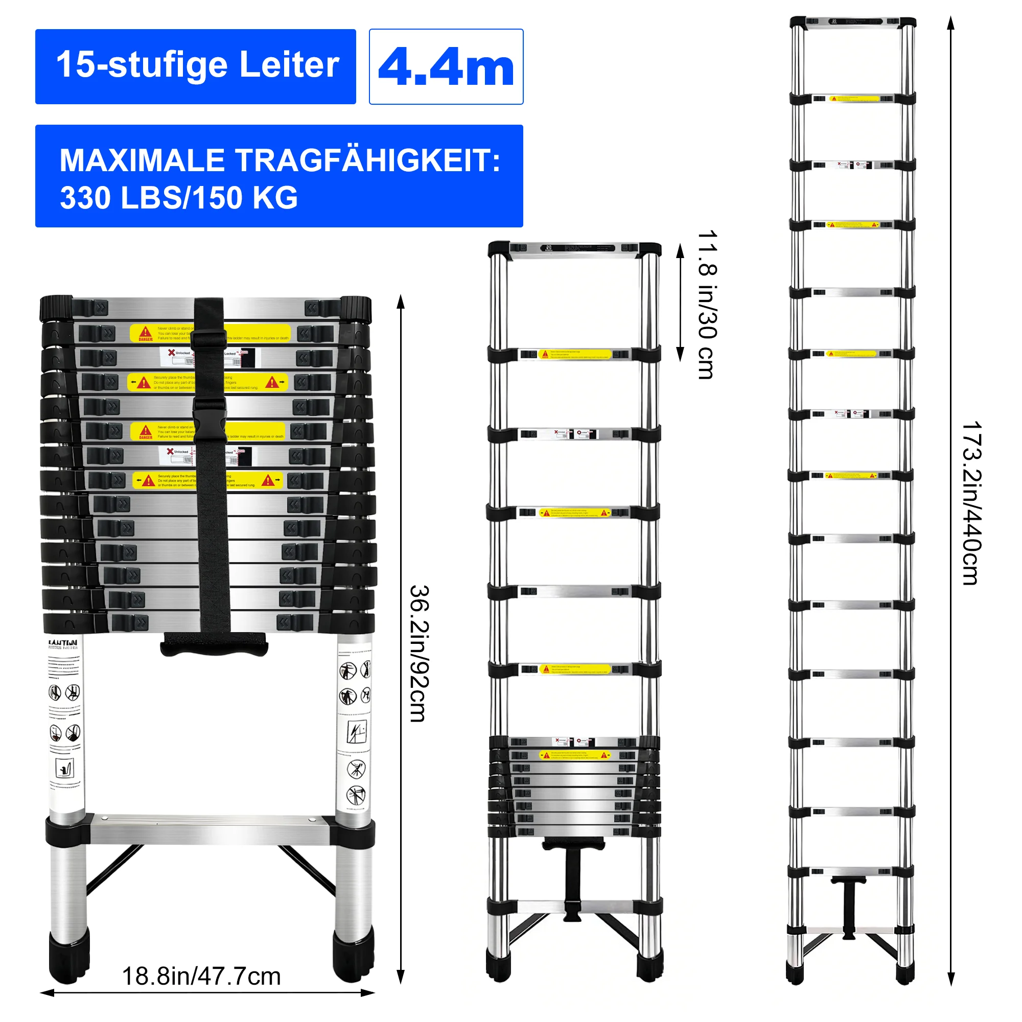 Telescopische ladder 4,4M-6,3M uitschuifbare ladder roestvrij staal draagbaar EN131-norm met afneembare haken 150kg draagvermogen