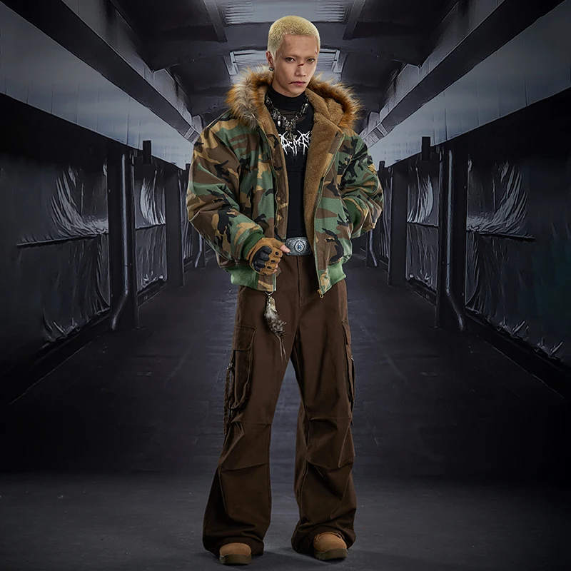 LUZHEN 2025 الشتاء موضة الصوف نحى بطانة سميكة فو الفراء مقنعين معطف مبطّن الرجال التمويه المطبوعة سترة سترة JY5339