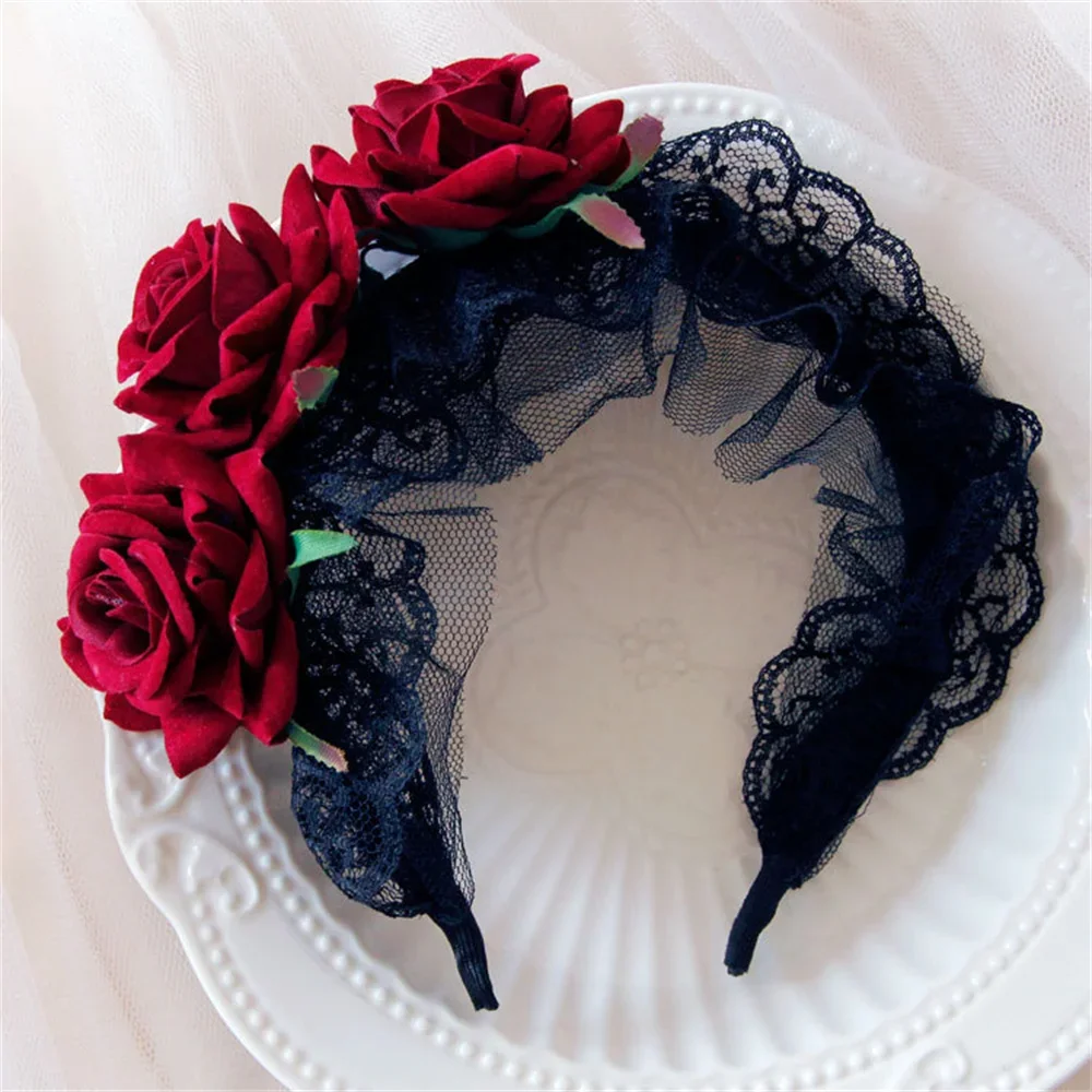 

Halloween Headband Ladies Girls Day Of The Dead Red Rose Flowers Headdress Floral Hair Band Party Cosplay Women Hair Accessories