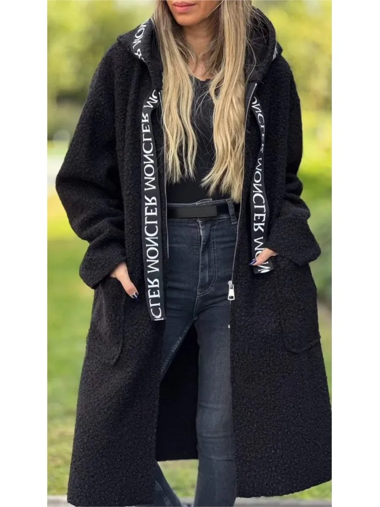 Women\'s Lambswool Hooded Coats Autumn Winter Pocket Zipper Longline Hoodie Daily Solid Casual Long Sleeve Cardigan Trench Coat