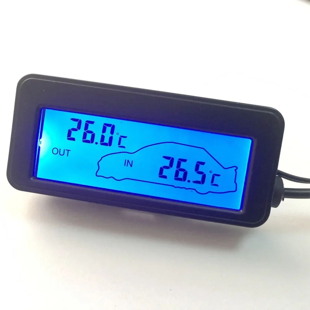 Essential 12V Car LCD Digital Display Thermometer, Inside & Outside Temperature Gauge Meter, Black Shell Design