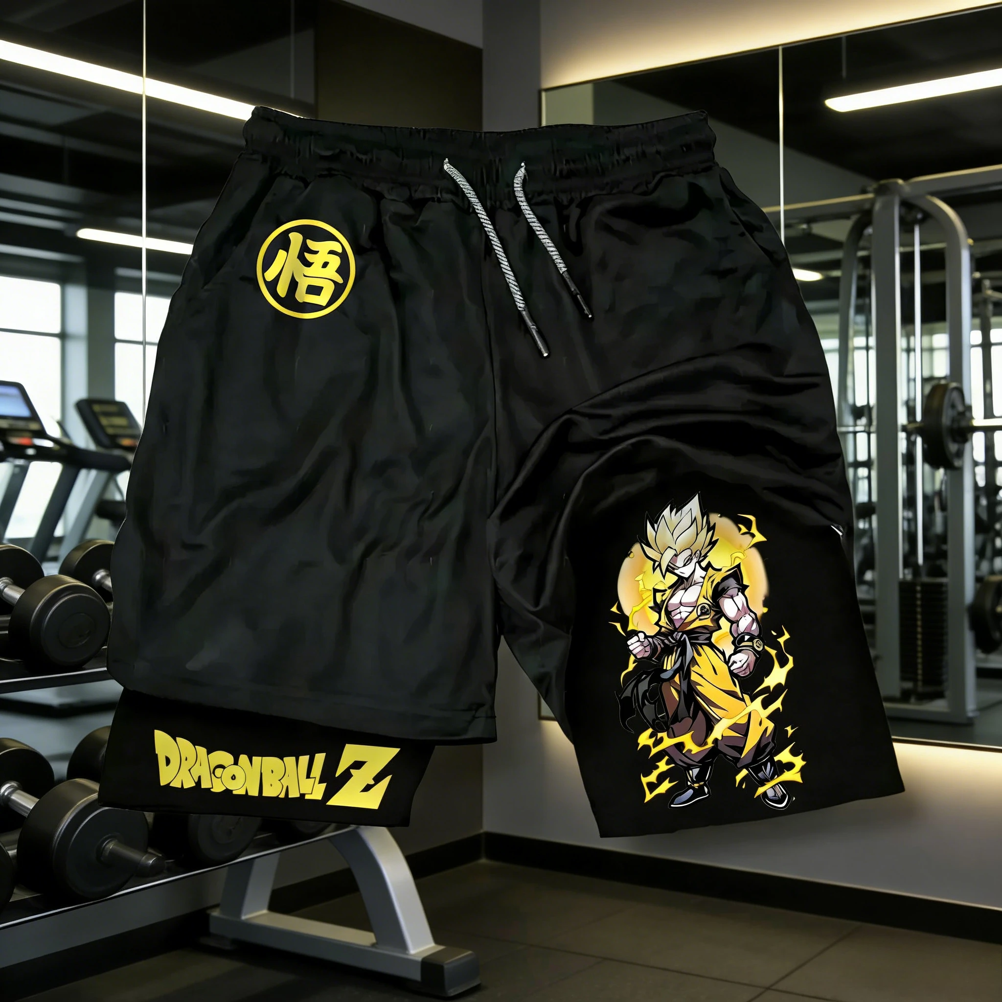 Shorts Masculinos de Secagem Rápida Dragon Ball Verão 2026, Camada Dupla para Academia com Estampa Super Saiyan Goku e Kanji 