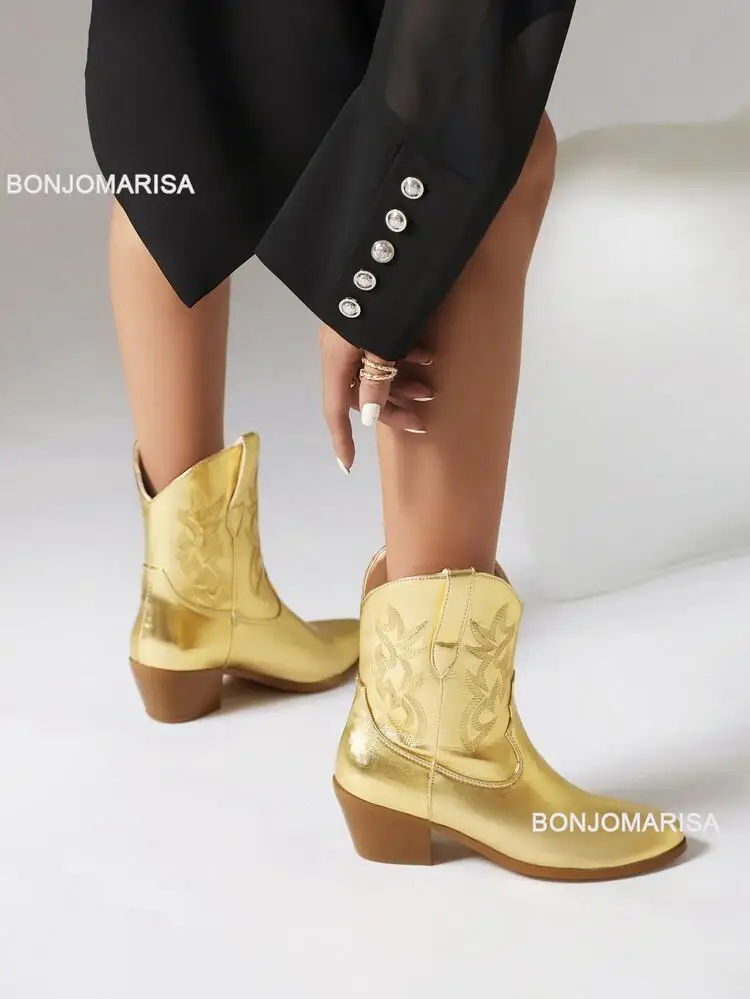 Kobiety Kowbojki Kowbojki Buty Haftowane Metaliczne Punk Buty Zลoto Srebro Buty na ลrednim obcasie Jesieล Zima Szpiczasty nosek Marka