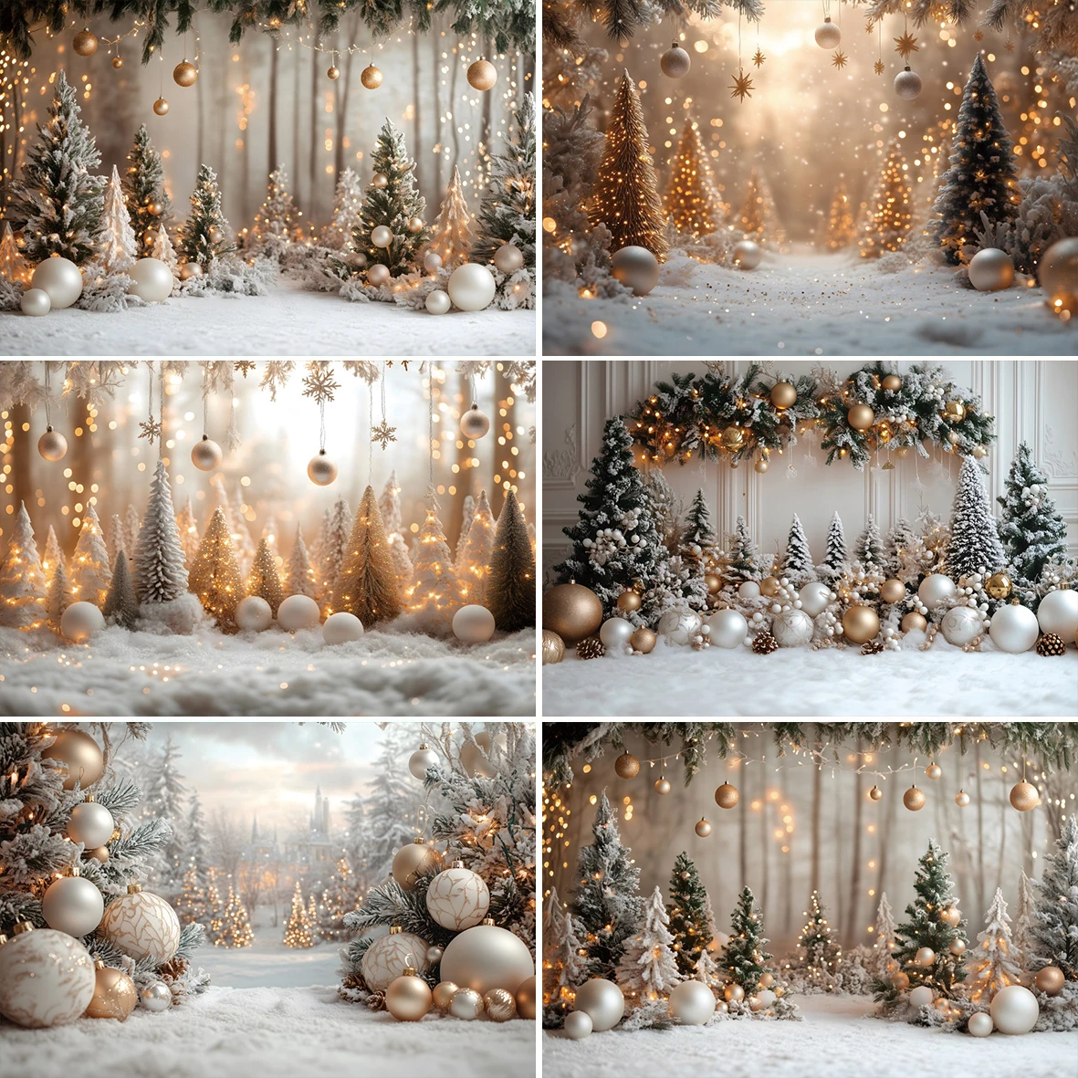 White Christmas Photography Background Silver Xmas Pine Tree Decor Winter Snowy Shiny Balls Backdrop Kid Portrait Photo Studio