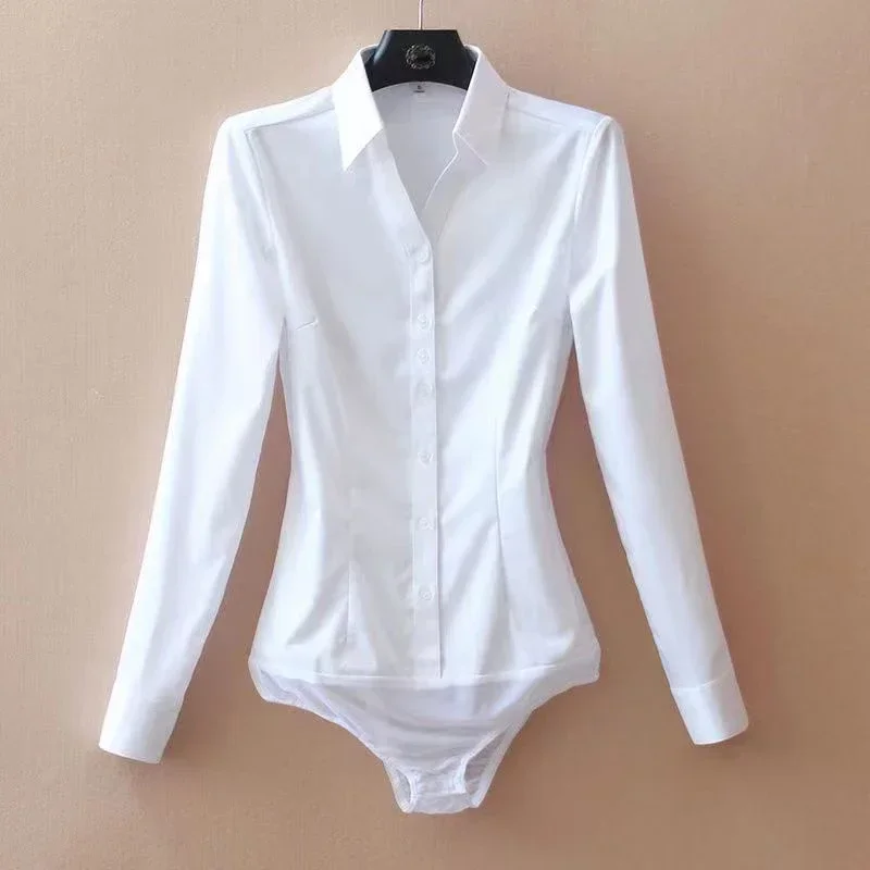 Fashion Women\'s Slim Fit Office Lady White Bodysuit Long Sleeve Blouse Jumpsuit Rompers 5XL