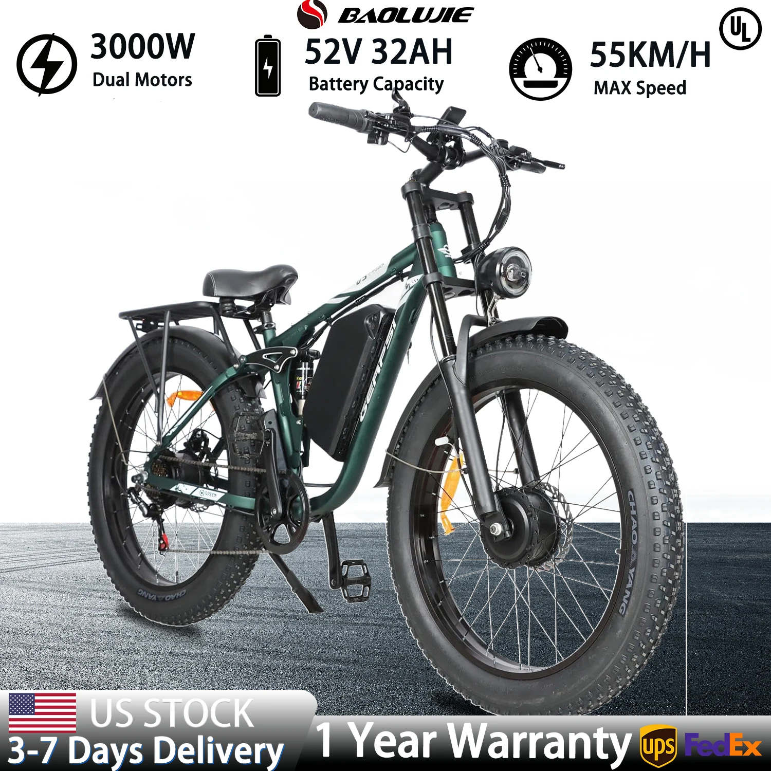 【1-летняя гарантия】Электрический велосипед для взрослых BAOLUJIE 2603, 3000 Вт, 35 миль в час, съемный аккумулятор 52 В, 32 Ач, электрический велосипед 26 дюймов, электрический велосипед
