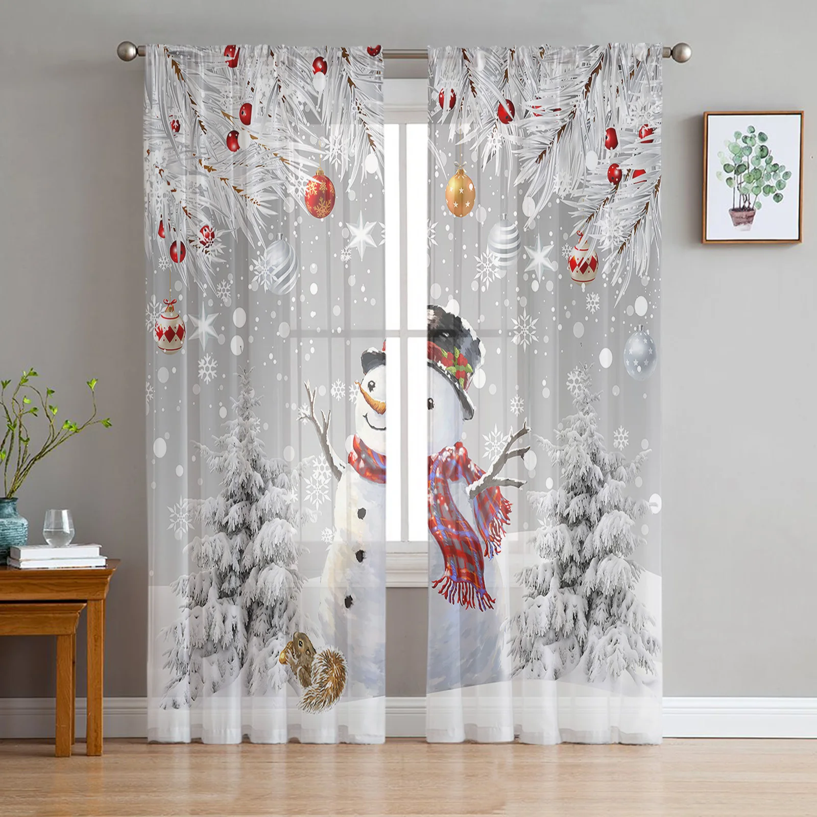 Christmas Silver Fir Leaves Snowman Window Tulle Curtains for Living Room Kitchen Christmas Home Decor Sheer Voile Curtains