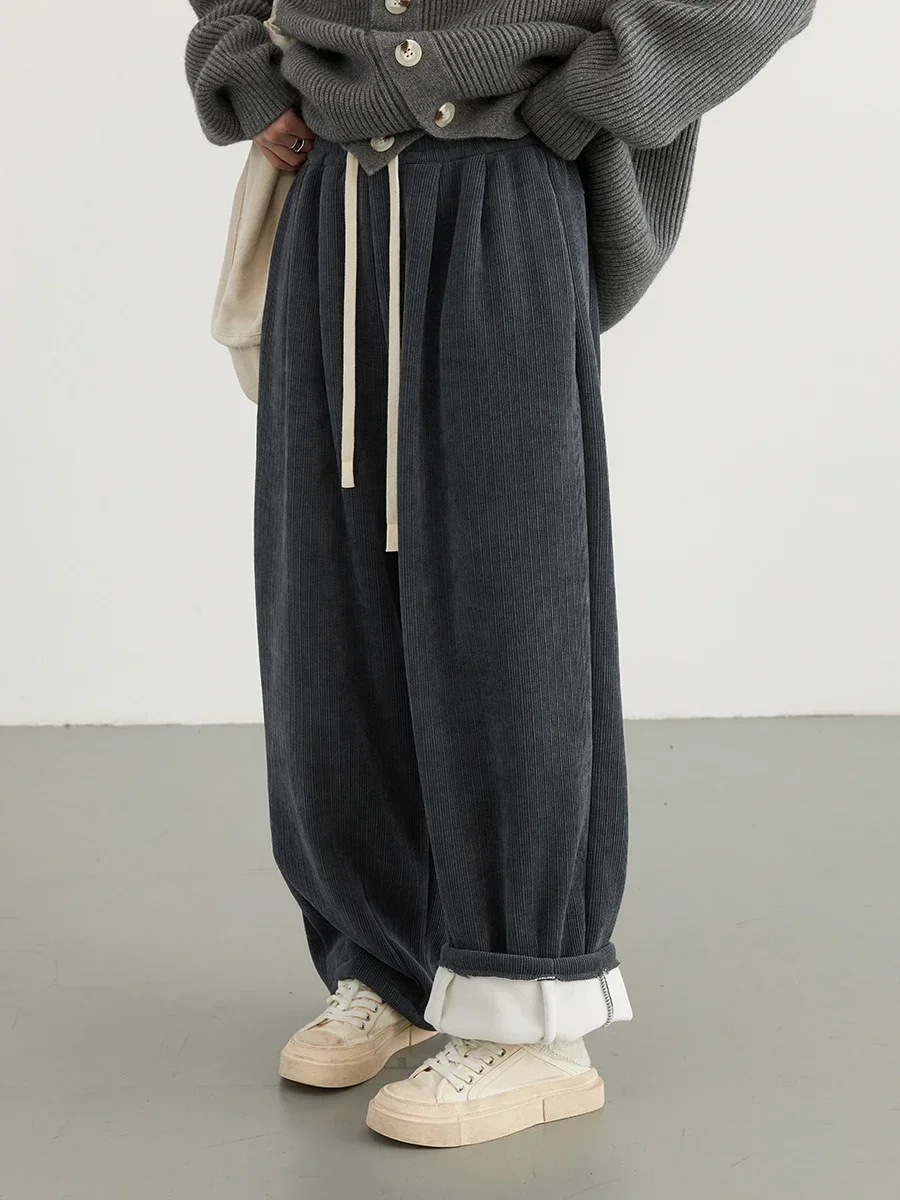 CHIC VEN Women Pant Loose Retro High Waisted Casual Wide Leg Pants Solid Plush Thick Warm Female Trousers Spring Autumn 2024