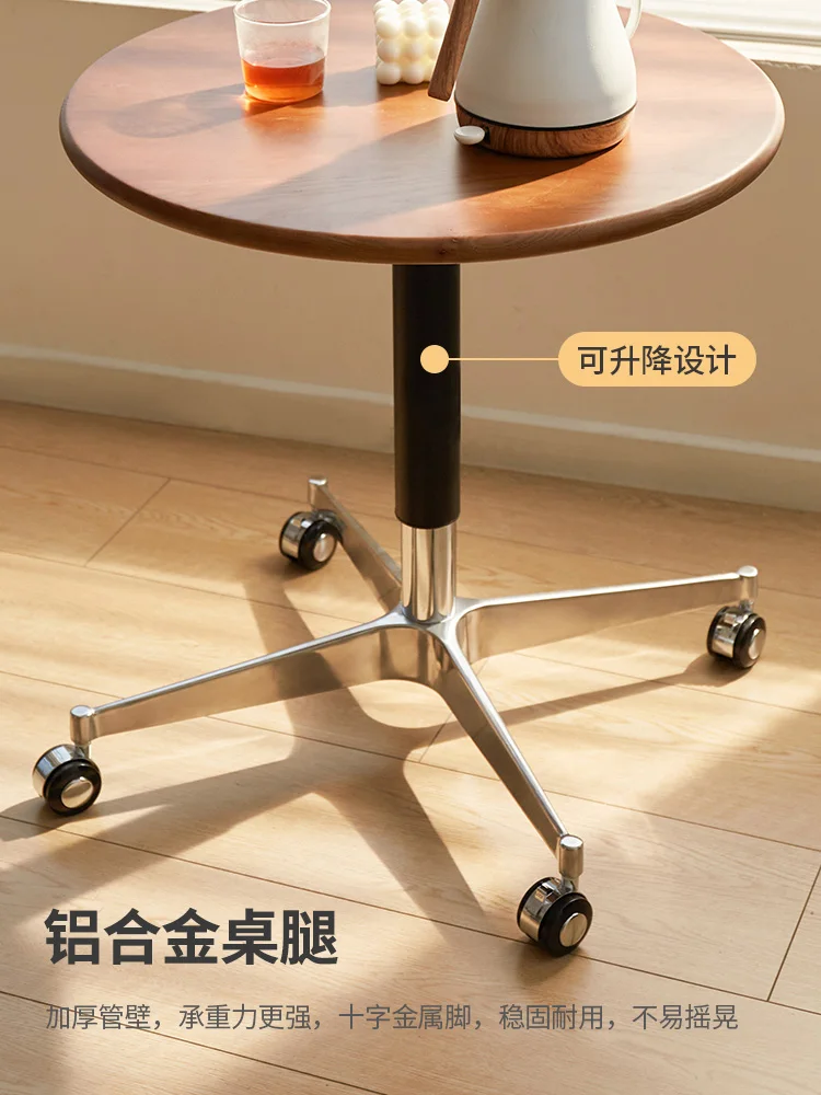 Japanese-style solid wood lifting edge table, small round table, sofa side table, movable tea table with wheels