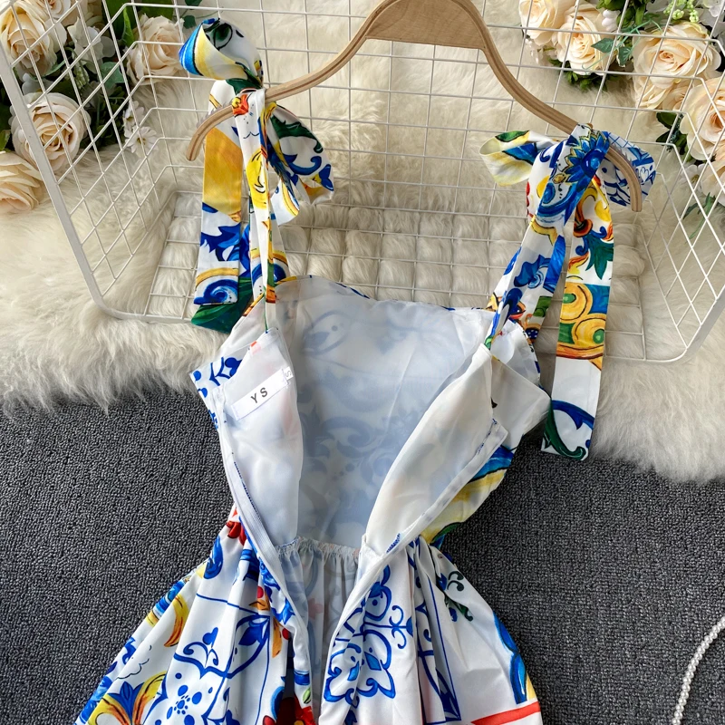 花柄の青と白の磁器のサマードレス,女性のための弓,スパゲッティストラップ,ホルター,自由奔放に生きるスタイル,2021,n7251
