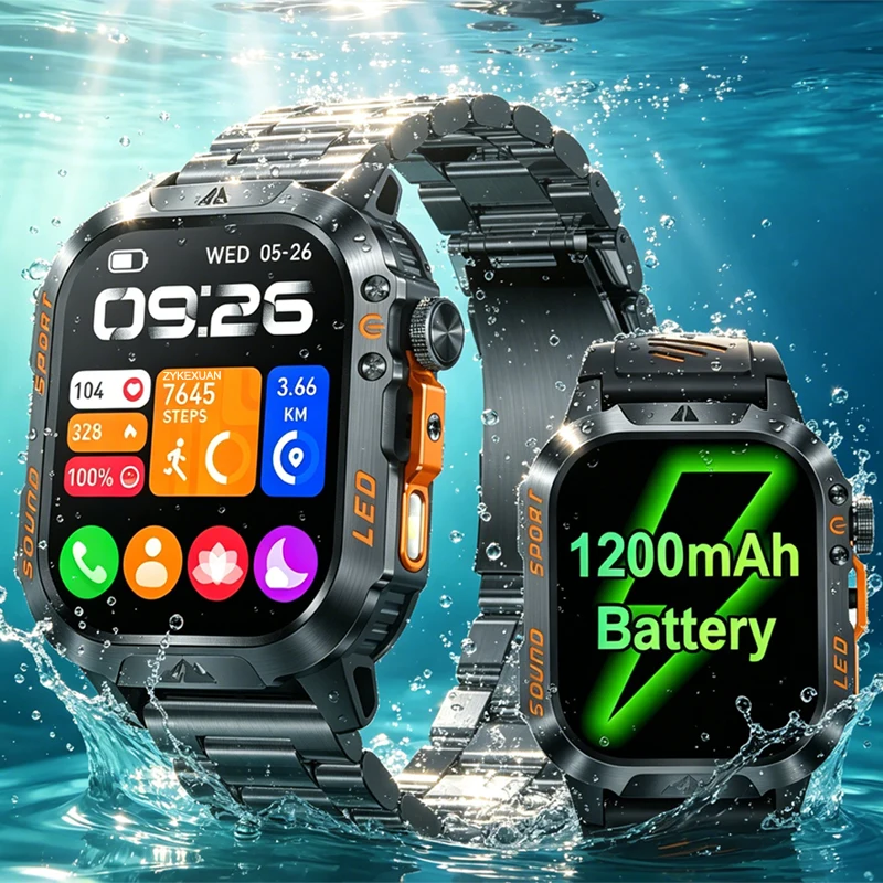 2026New 1200 mAh Battery Military Smart Watch Men 5ATM Waterproof Fitness Tracker Health Heart Rate Smartwatches For iOS Android