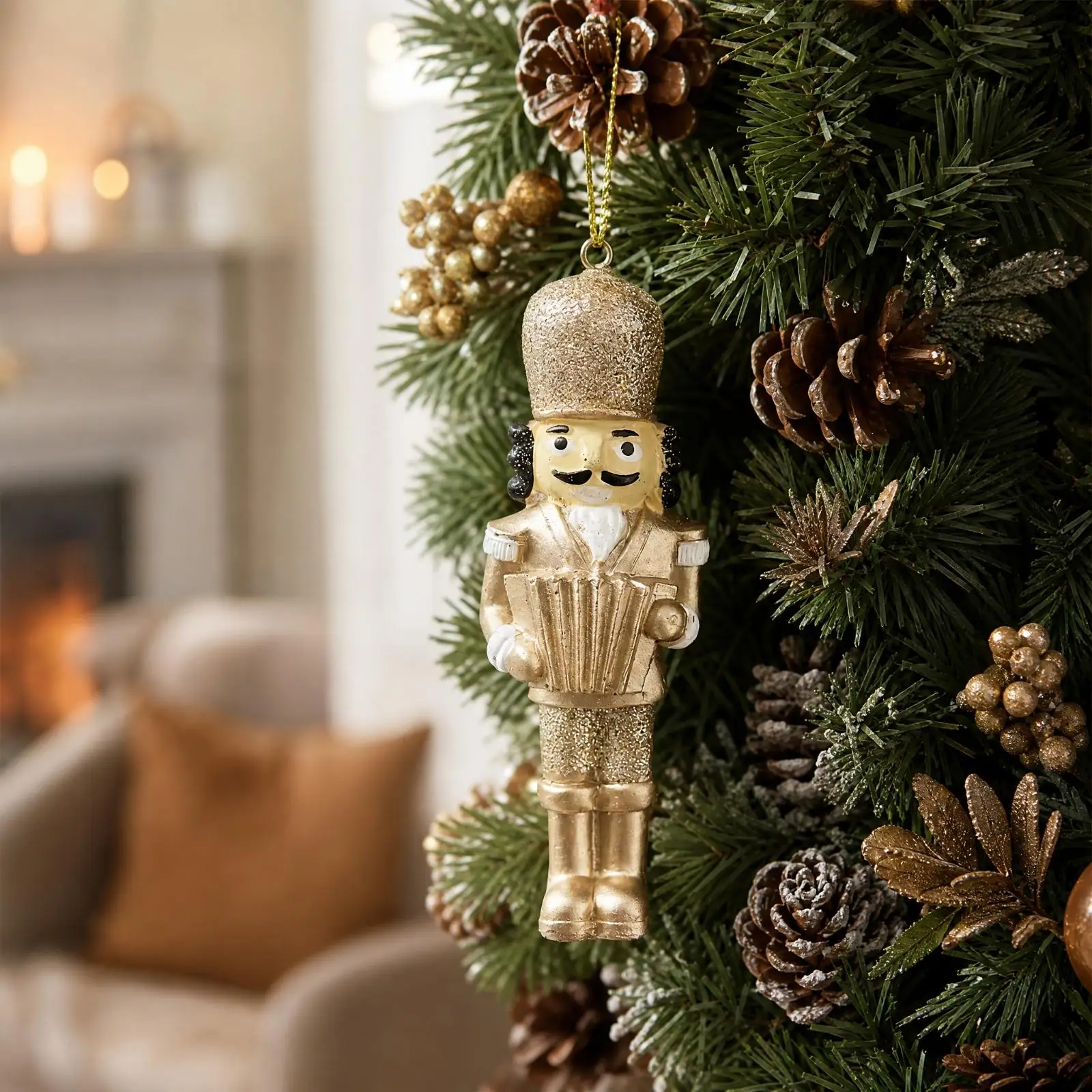 Festive Nutcracker Tree Pendant Resin Gold Glitter Ornament for Christmas Decorations Hanging Holiday Figure