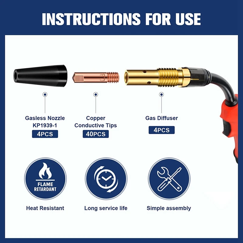 48Pcs Flux Core Gasless Nozzle Tips Kit KP1939-1 Flux Welder Contact Tips Gasless Nozzle Gas Diffusers