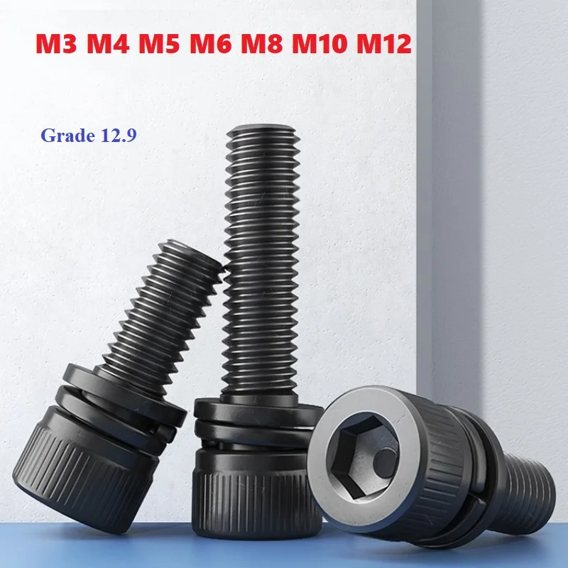 Black Hex Socket Screw Cup head Sping Flat Washer Sems Screws Grade 12.9 Combination Bolts M3 M4 M5 M6 M8 M10 M12